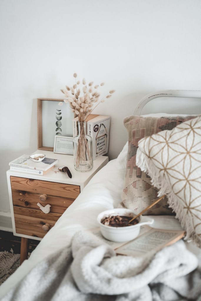 Stylish Scandi bedroom with breakfast setup, ideal for cozy home living.