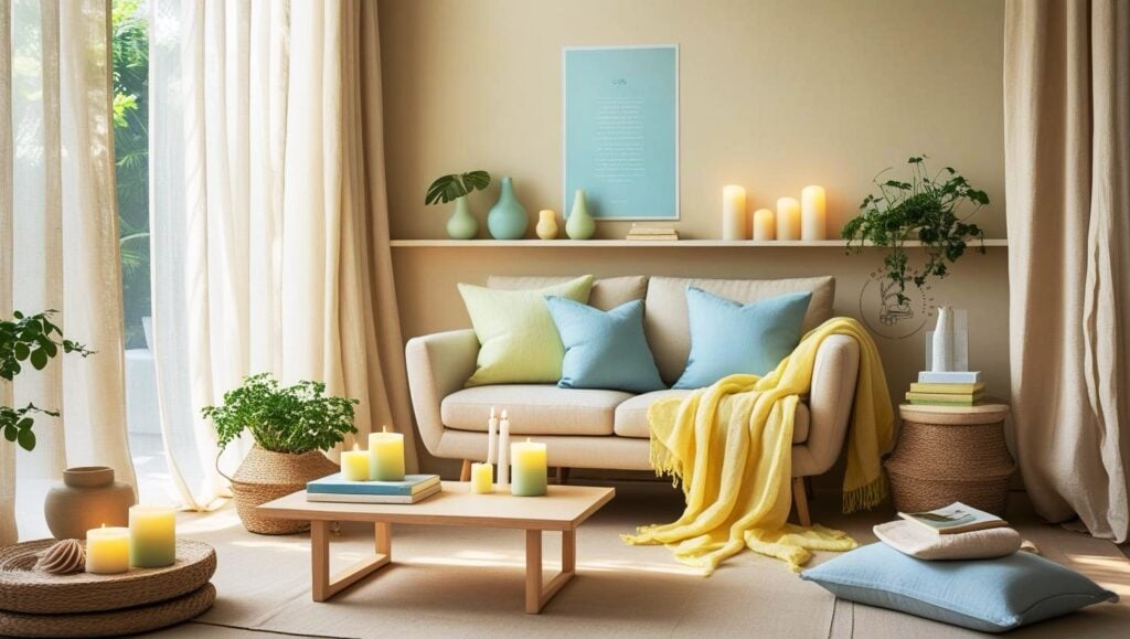 Salon lumineux au style naturel et minimaliste, avec canapé beige, coussins pastel bleu et vert, plaid jaune, bougies décoratives, plantes vertes et table basse en bois clair. Ambiance apaisante et chaleureuse, idéale pour une décoration zen et cosy.,
