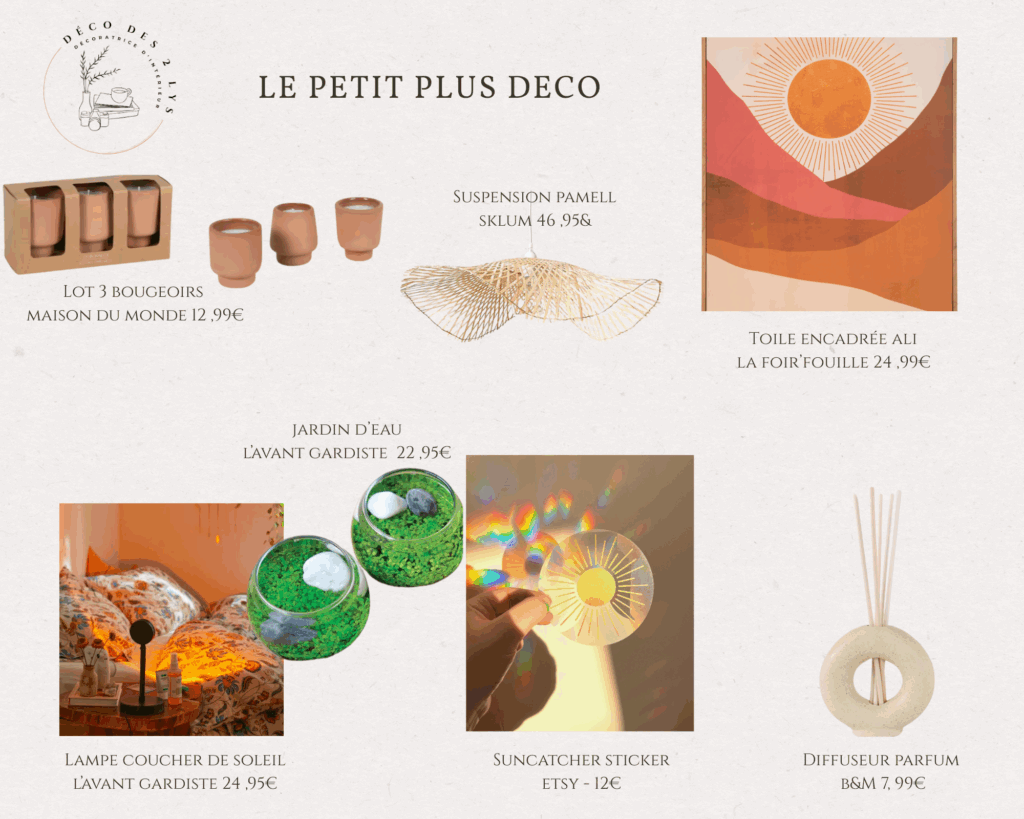 Moodboard déco avec accessoires tendances : suspension en rotin, toile encadrée soleil, bougeoirs terracotta, lampe coucher de soleil, jardin d’eau décoratif, sticker suncatcher arc-en-ciel, diffuseur de parfum et objets design. Sélection de petites décorations chaleureuses pour sublimer un intérieur cosy et naturel.