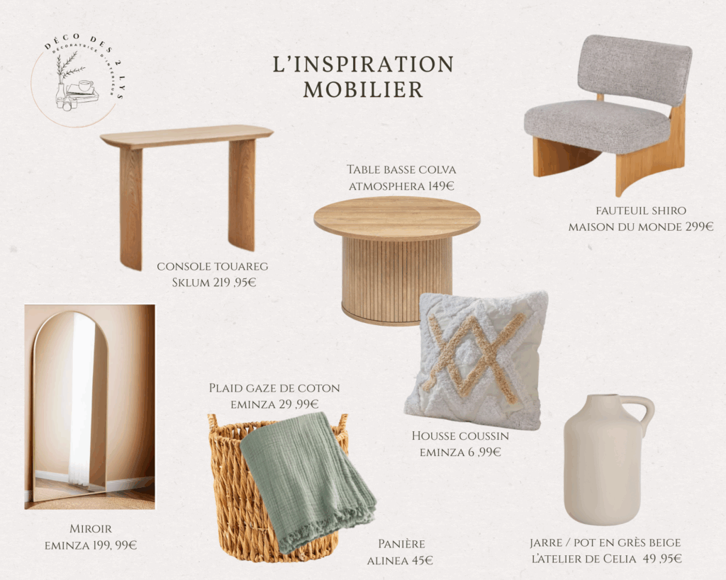 Moodboard décoration intérieure avec sélection de mobilier tendance : console en bois Sklum, table basse Colva Atmosphera, fauteuil Shiro Maison du Monde, miroir arrondi Eminza, coussin texturé, plaid en gaze de coton, panier en osier, et jarre en grès beige. Inspiration déco naturelle et moderne pour un salon chaleureux.