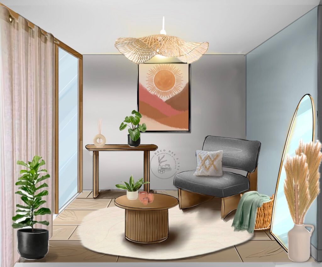 Illustration d’un salon moderne et cosy, au style bohème et scandinave, avec fauteuil en tissu gris, table basse en bois rond, miroir arrondi en pied, plantes vertes, décoration murale soleil, et suspension en rotin. Lumière naturelle filtrée par des rideaux beiges, ambiance chaleureuse et apaisante idéale pour la détente ou la lecture.