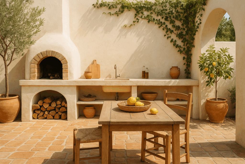 Visuel d'une cuisine extérieur Cuisine extérieure de style méditerranéen avec four à bois, plan de travail en pierre, mobilier en bois naturel et éléments décoratifs en terre cuite, dans une ambiance ensoleillée et végétalisée.