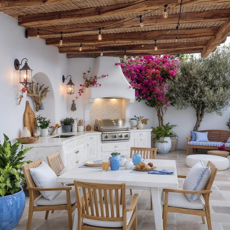 Visuel d'un espace extérieur Cuisine extérieure de style méditerranéen avec pergola en bois, barbecue encastré en inox, plan de travail en pierre blanche et mobilier de jardin en bois naturel avec coussins. Décoration soignée avec plantes en pot, bougainvillier fleuri, olivier, et vaisselle bleue pour un petit-déjeuner convivial. Ambiance chaleureuse, idéale pour l’été et les repas en plein air.