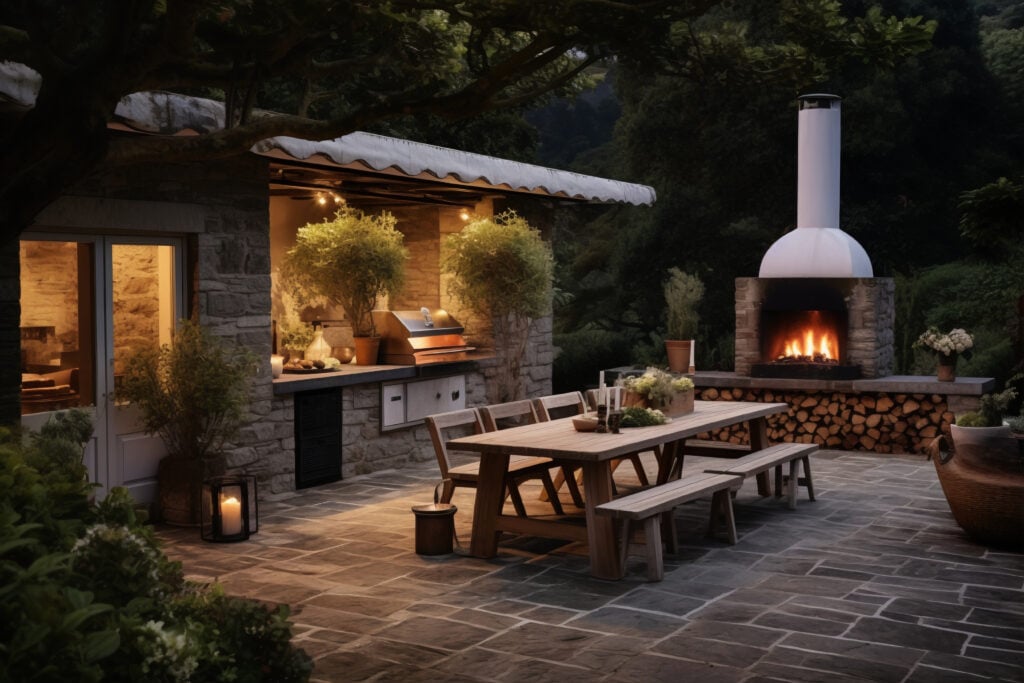 Visuel Terrasse rustique avec mobilier de jardin et vegetation