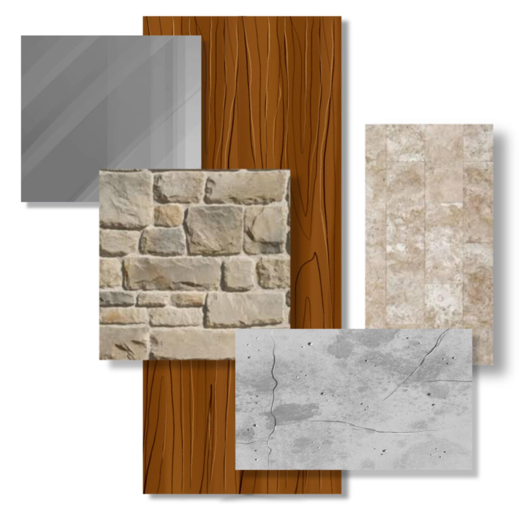 Planche de matériaux. Du teck, de la pierre naturelle, de la pierre reconstitué, de l'inox, du béton cellulaire.