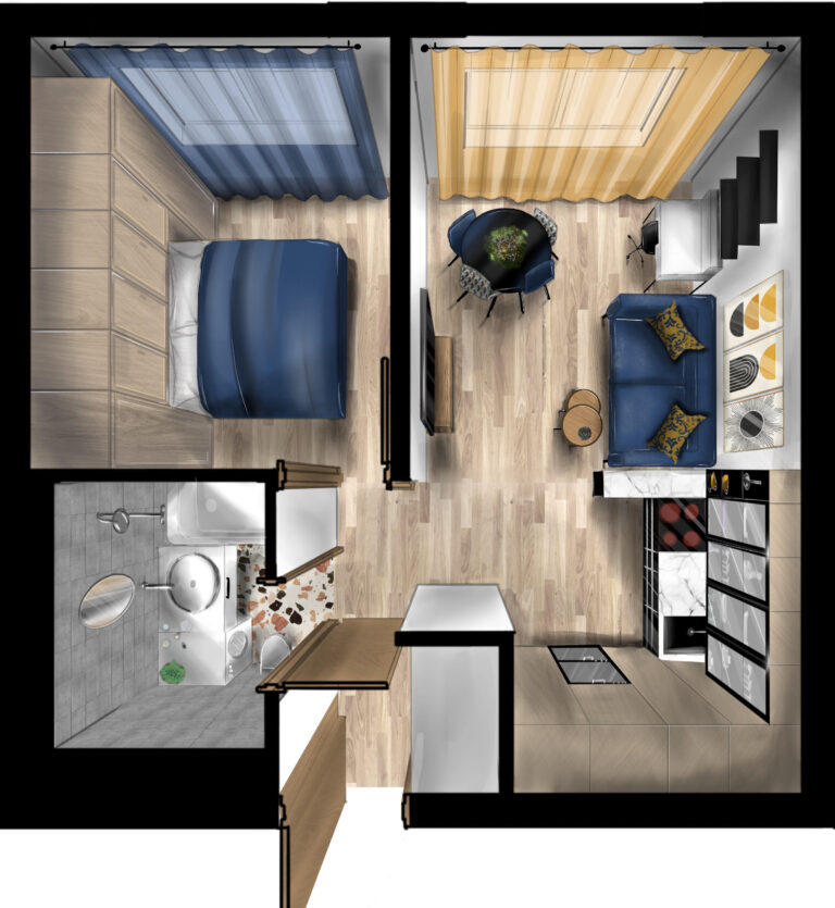 Croquis en vue plongeante d'un appartement.