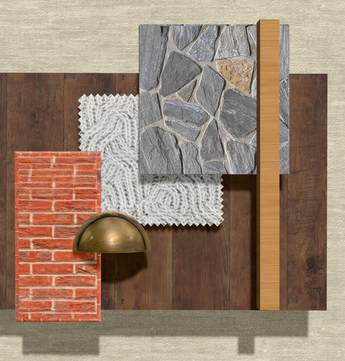 Moodboard de matériaux rustiques avec bois foncé, briques rouges, pierres grises et texture de tapis bouclé, éclairé par une applique en laiton.